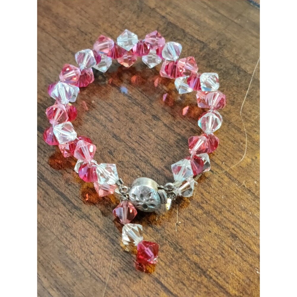 VTG 925 Sterling Silver Crystal 2 Tones Of Pink & Clear 8” Bracelet Nice Clasp